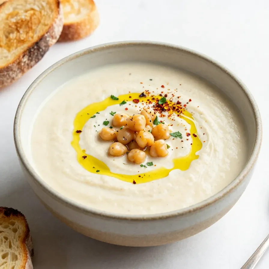 A bowl of vegan garlic chickpea soup garnished with fresh herbs on a wooden table.