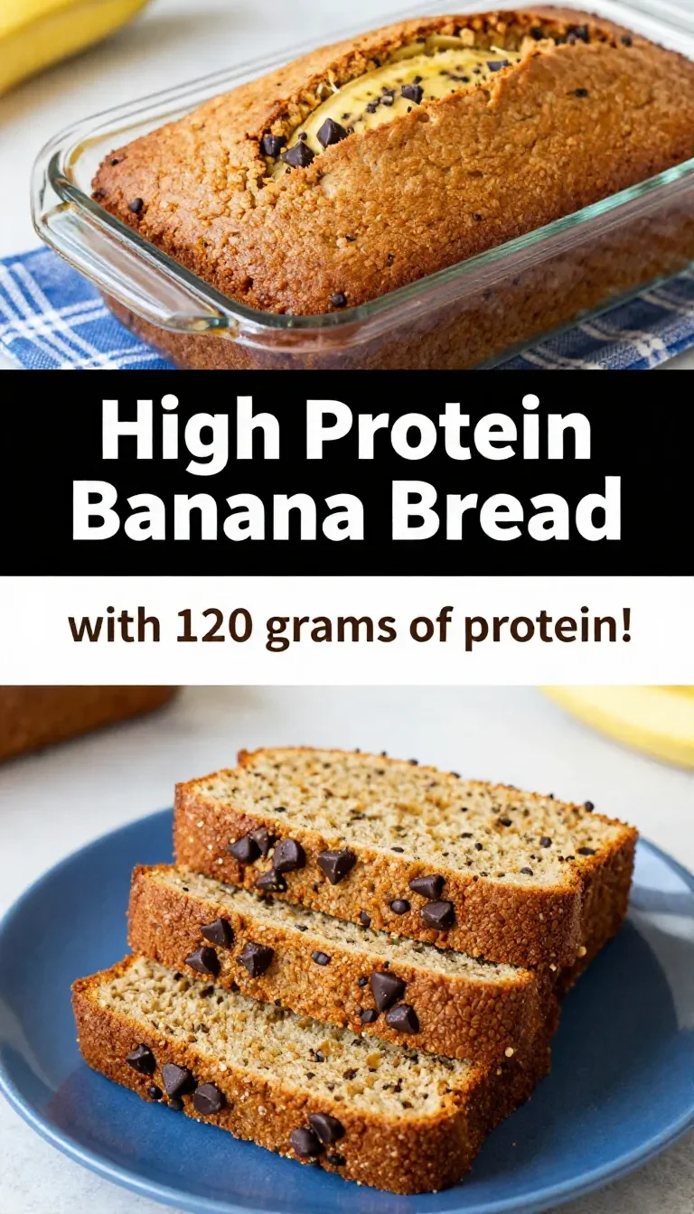 A freshly baked loaf of protein-packed banana bread on a wooden cutting board, surrounded by ripe bananas and a bowl of protein powder.