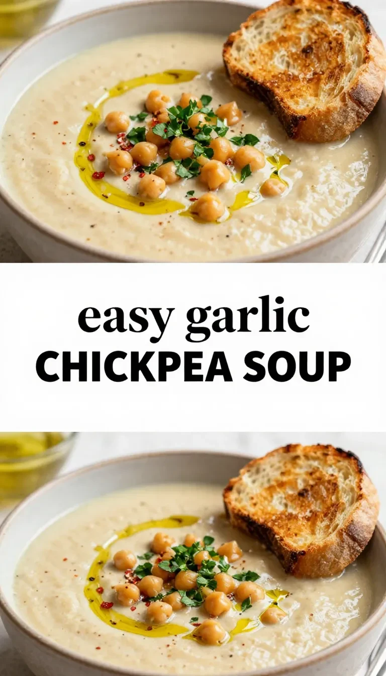A bowl of vegan garlic chickpea soup garnished with fresh herbs on a wooden table.