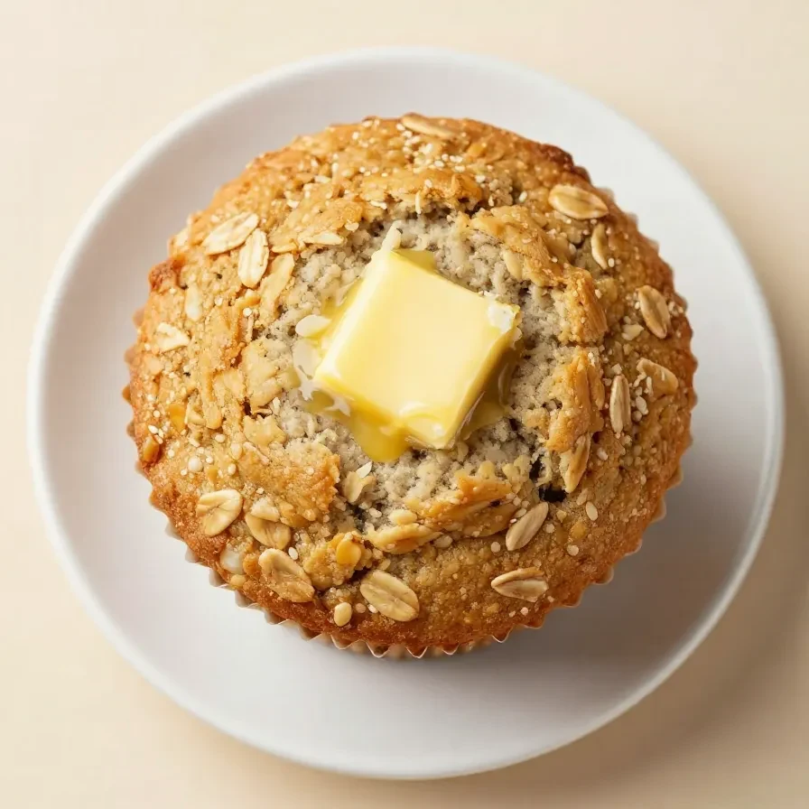 Freshly baked banana oatmeal muffins on a wooden table with a napkin and bananas in the background.