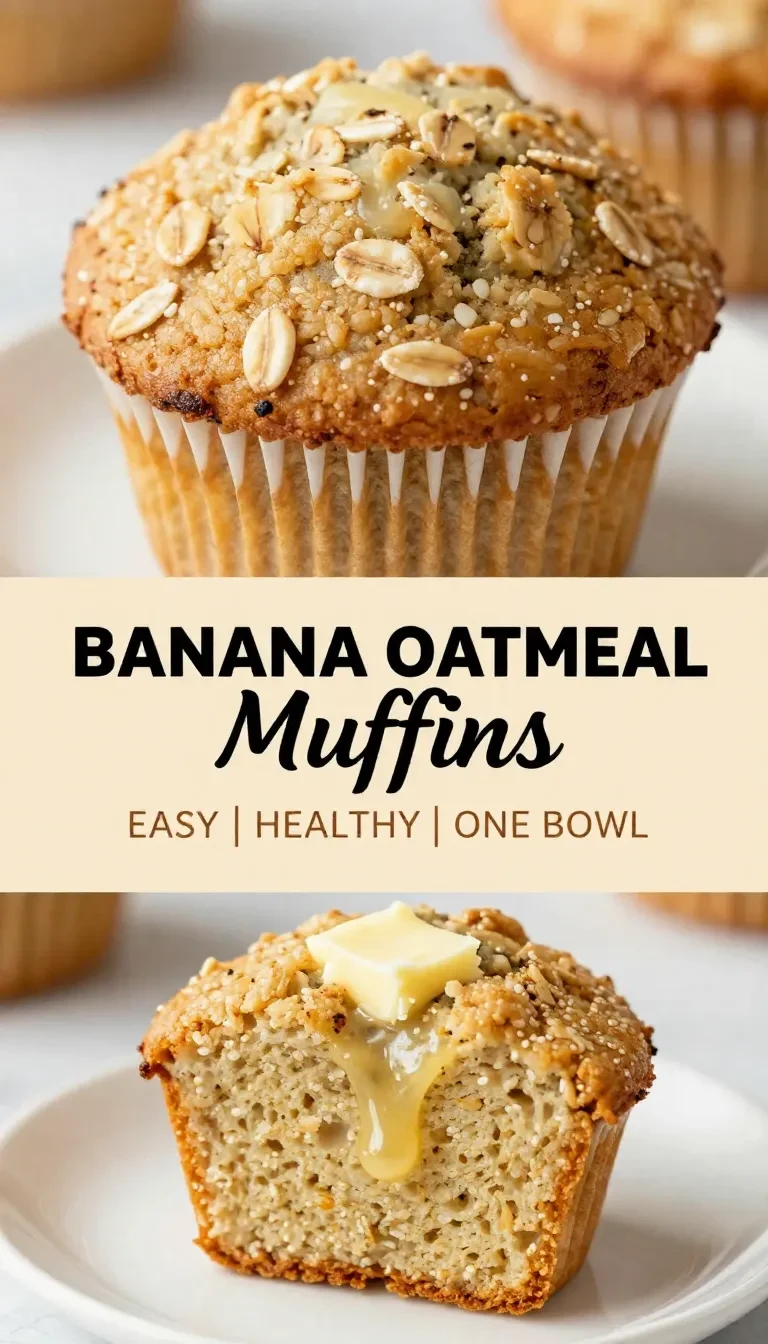 Freshly baked banana oatmeal muffins on a wooden table with a napkin and bananas in the background.