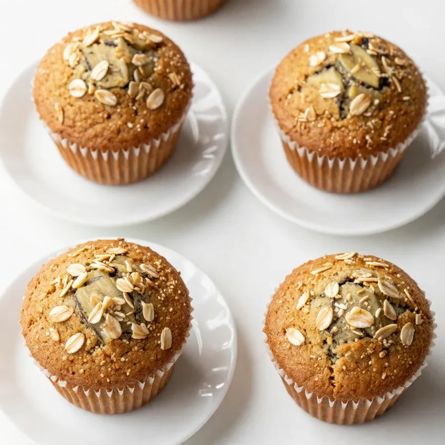 A tray of freshly baked whole wheat banana nut muffins on a wooden table.