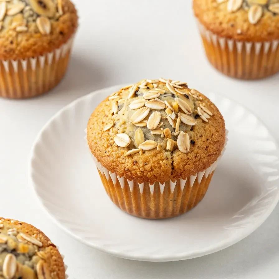 A tray of freshly baked whole wheat banana nut muffins on a wooden table.
