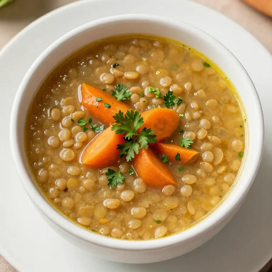 A bowl of hearty slow cooker lentil soup garnished with fresh parsley.