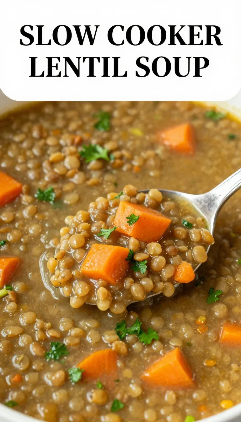 A bowl of hearty slow cooker lentil soup garnished with fresh parsley.