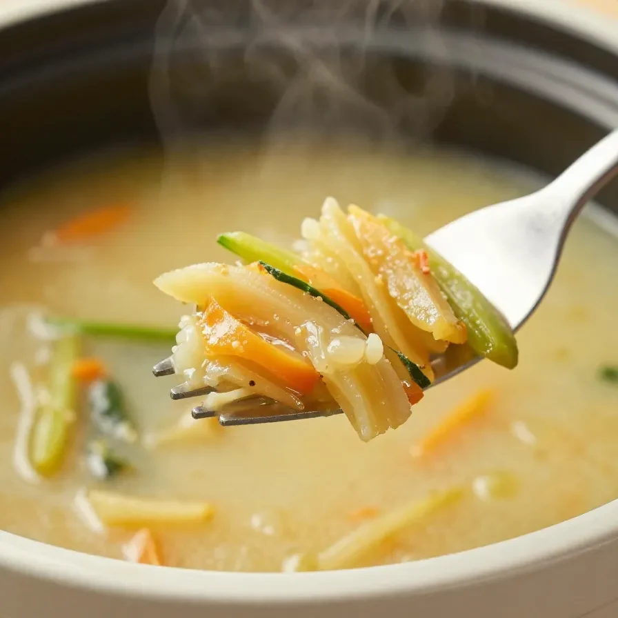 A bowl of freshly made vegetable soup with colorful vegetables served on a wooden table.