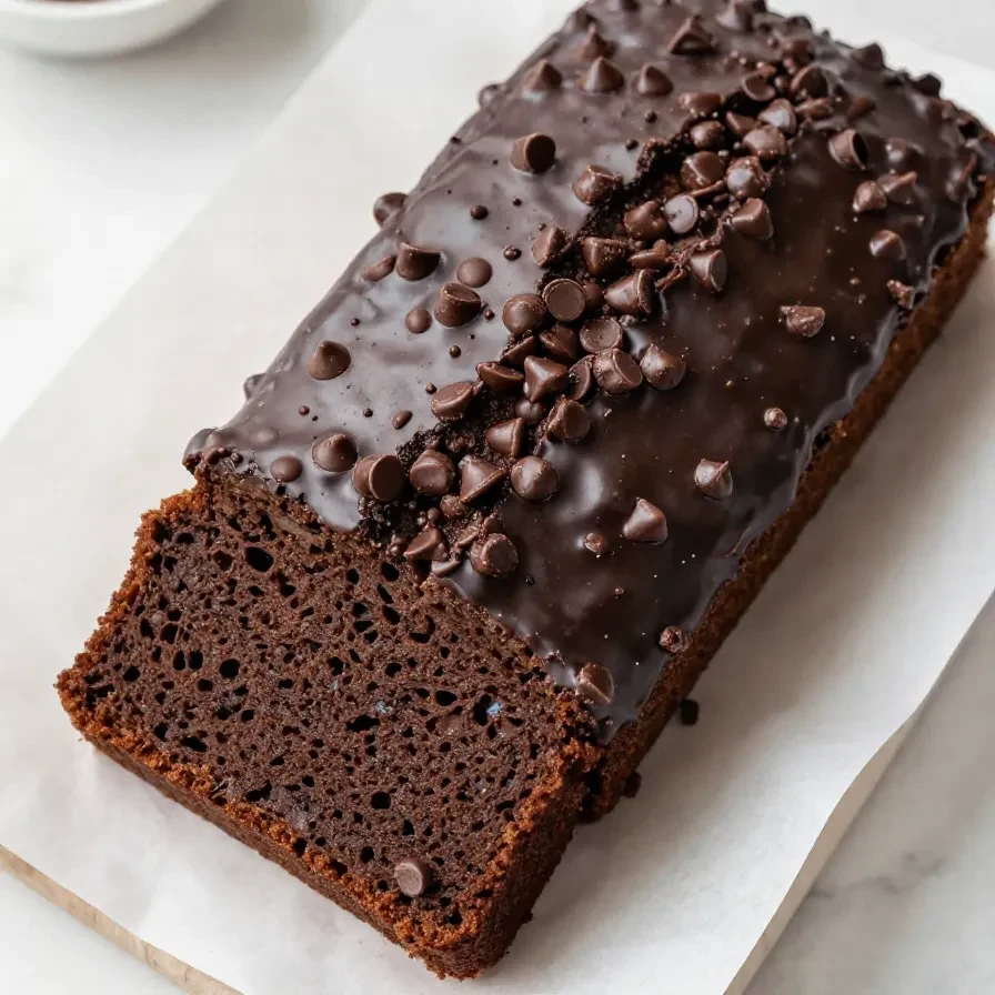 A freshly baked loaf of high-protein chocolate banana bread on a wooden cutting board.