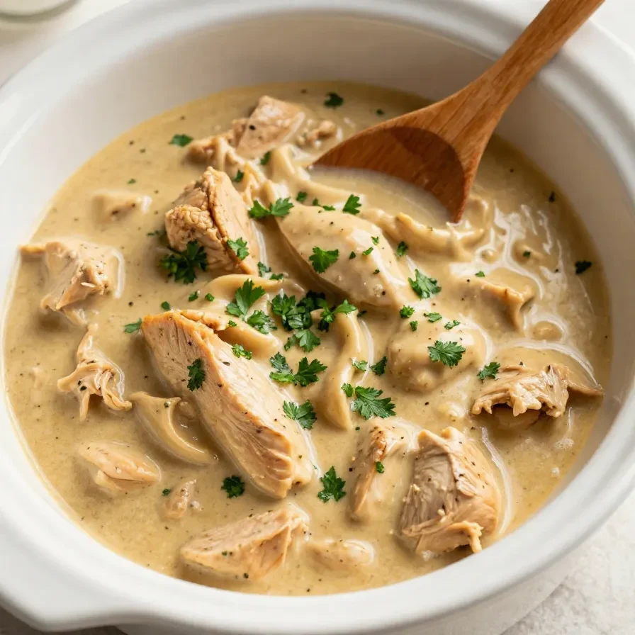 A bowl of creamy slow cooker chicken stroganoff garnished with fresh parsley.