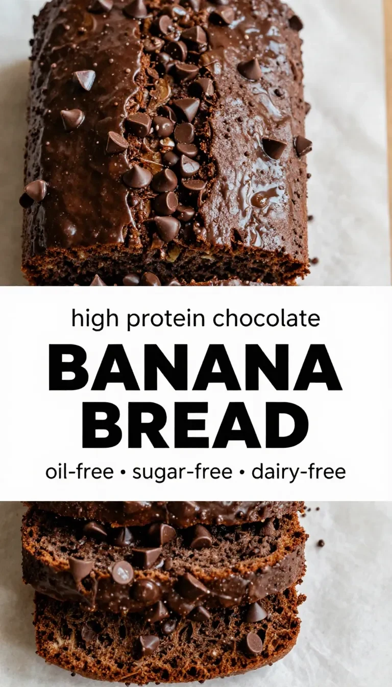 A freshly baked loaf of high-protein chocolate banana bread on a wooden cutting board.