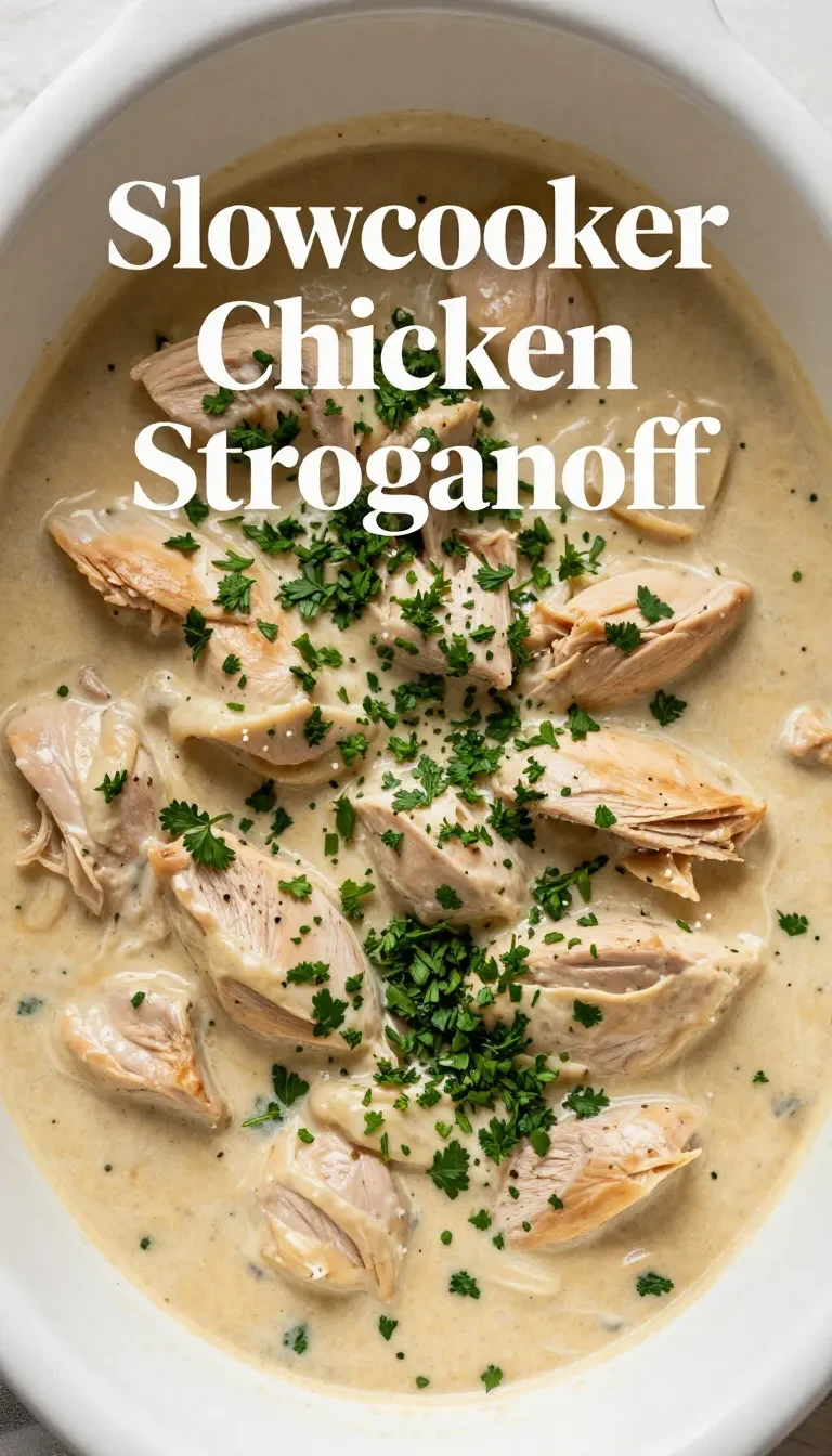 A bowl of creamy slow cooker chicken stroganoff garnished with fresh parsley.