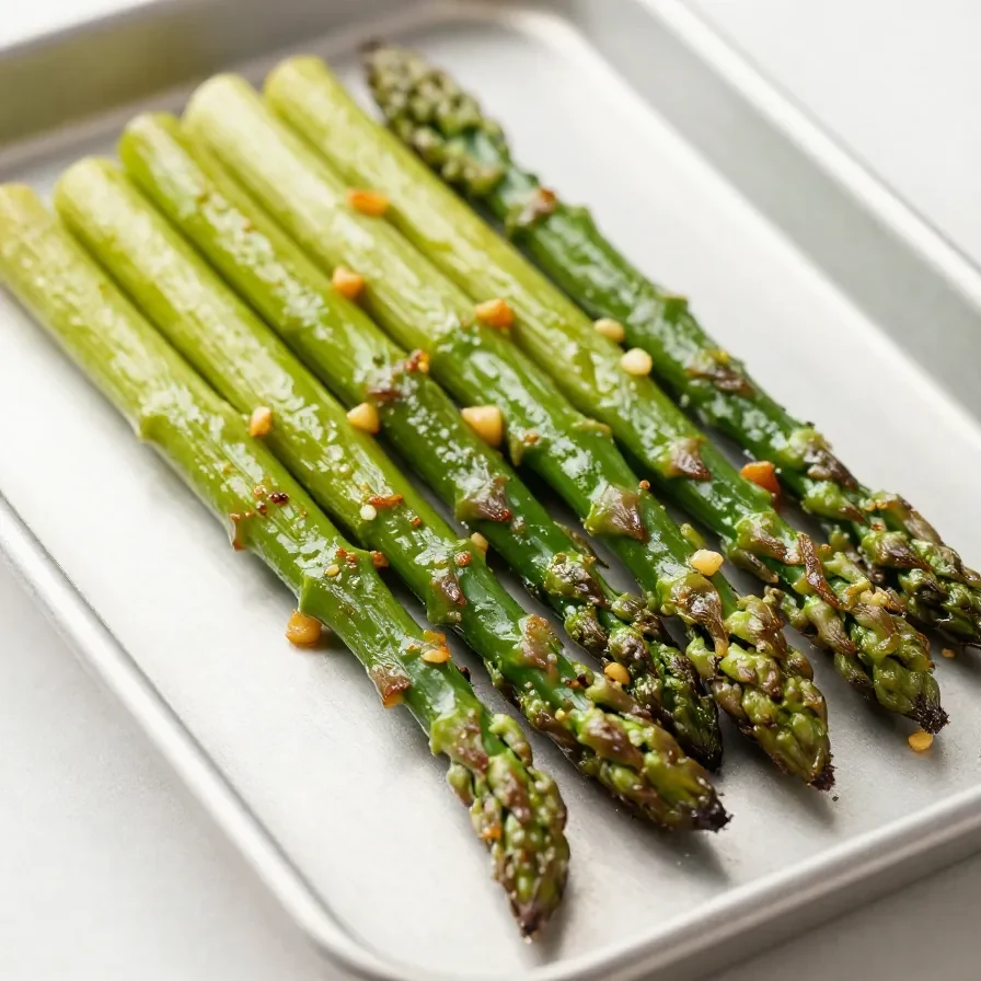 A close-up of roasted asparagus spears topped with garlic and Parmesan cheese on a baking tray.