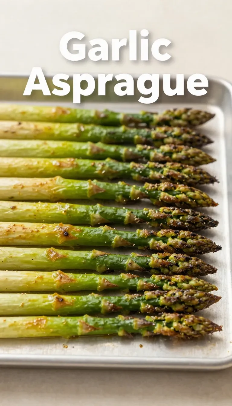 A close-up of roasted asparagus spears topped with garlic and Parmesan cheese on a baking tray.
