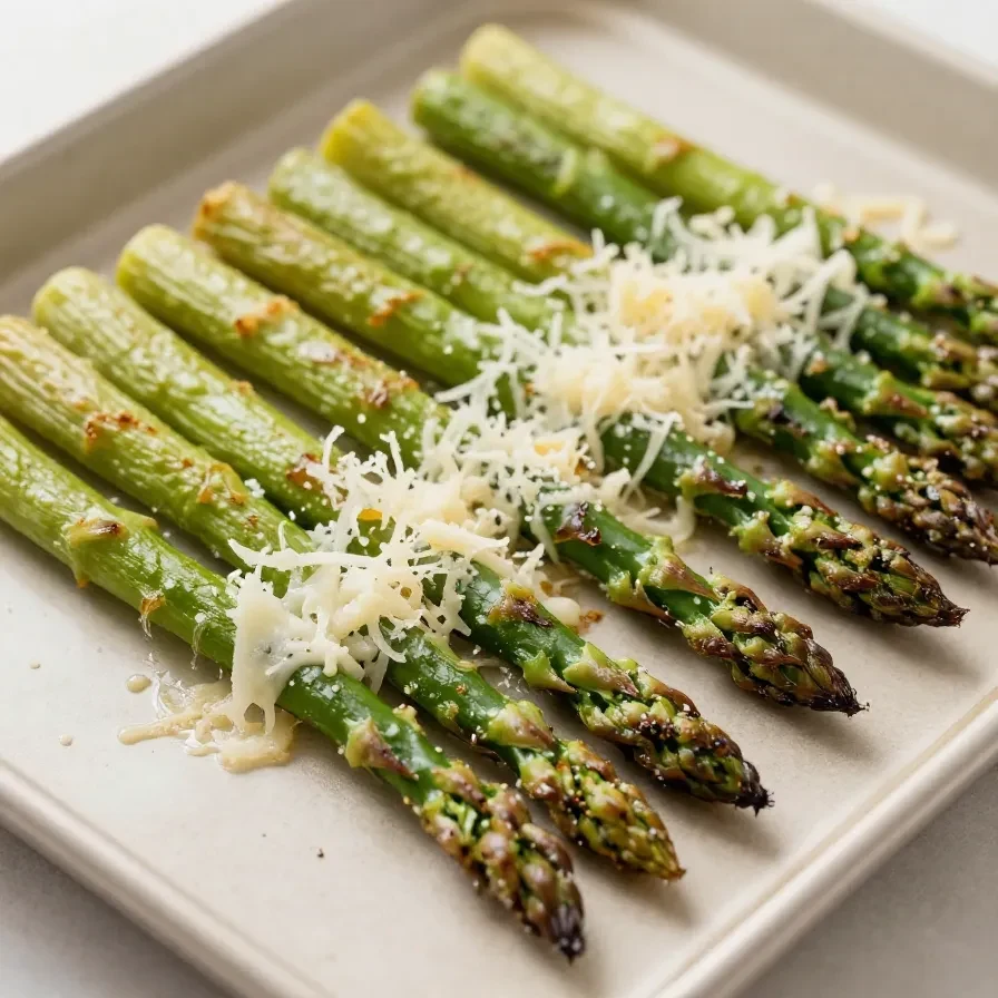A plate of roasted asparagus topped with melted cheese and herbs.