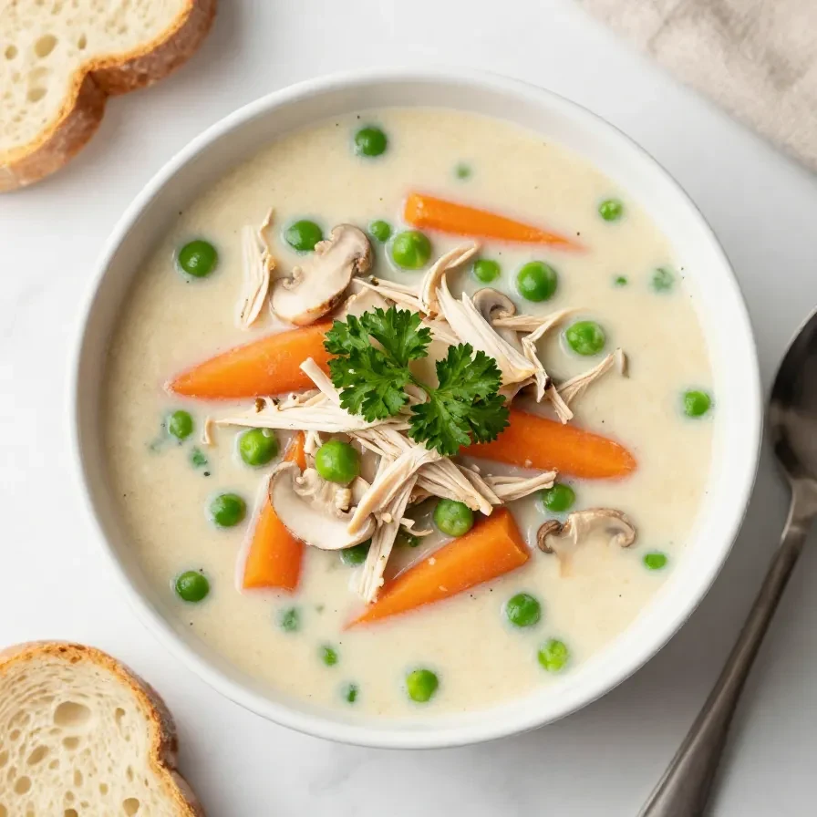 A bowl of creamy chicken pot pie soup topped with fresh parsley and served with a side of crusty bread.