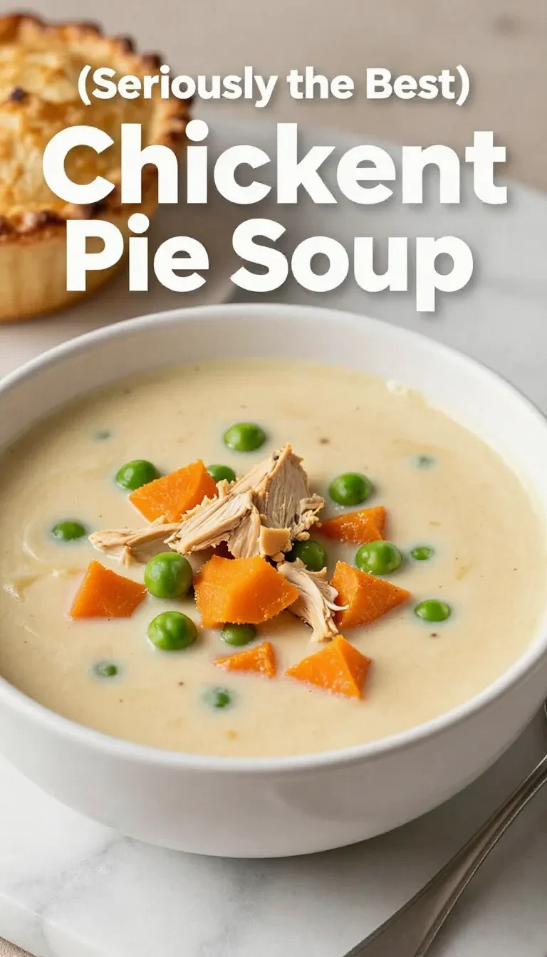 A bowl of creamy chicken pot pie soup topped with fresh parsley and served with a side of crusty bread.