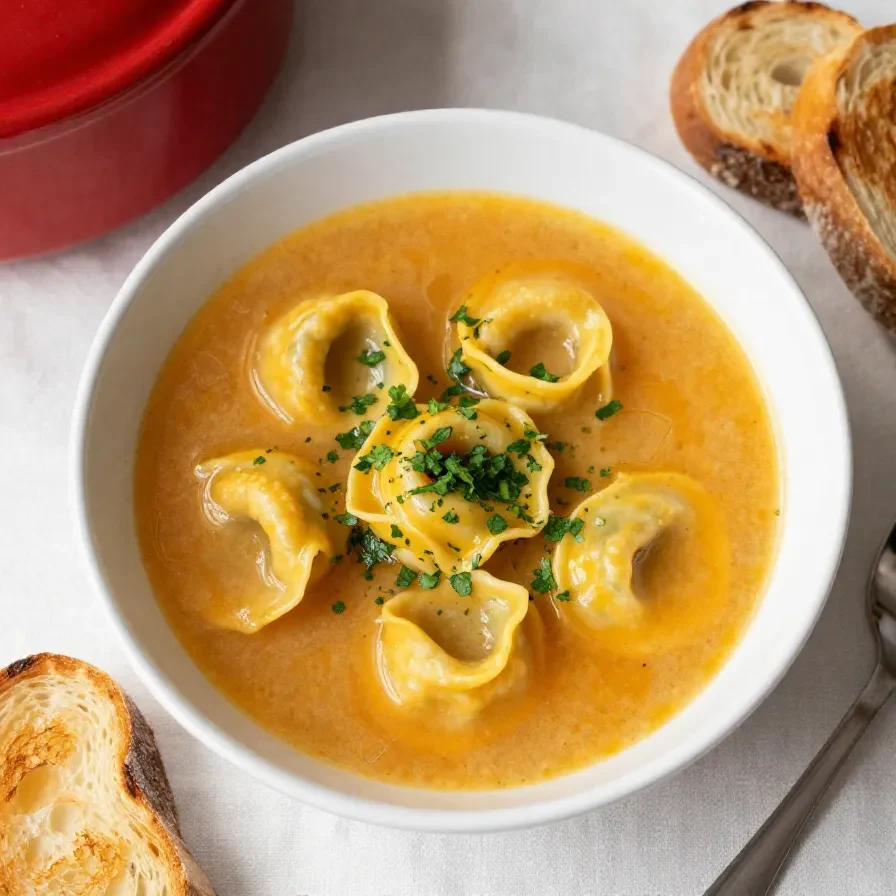 A bowl of warm tortellini soup with autumn vegetables and fresh herbs.