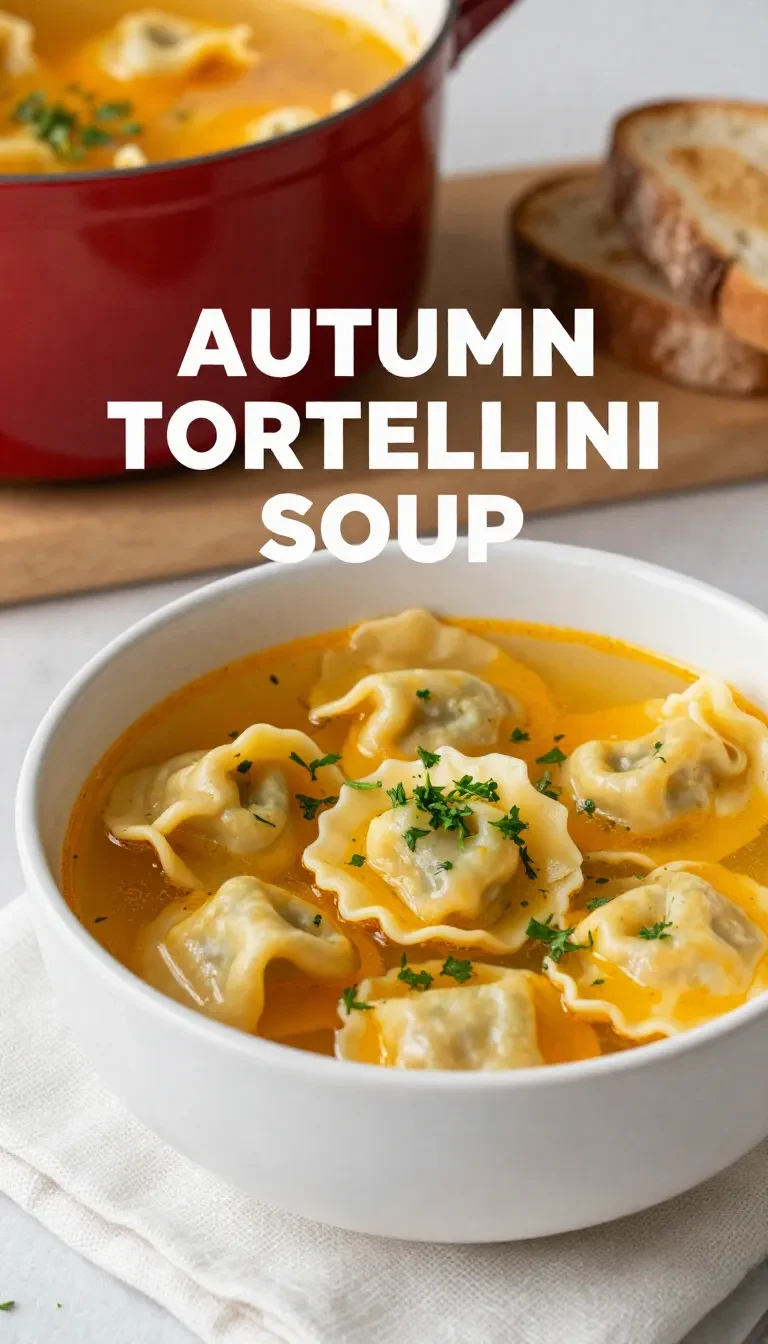 A bowl of warm tortellini soup with autumn vegetables and fresh herbs.