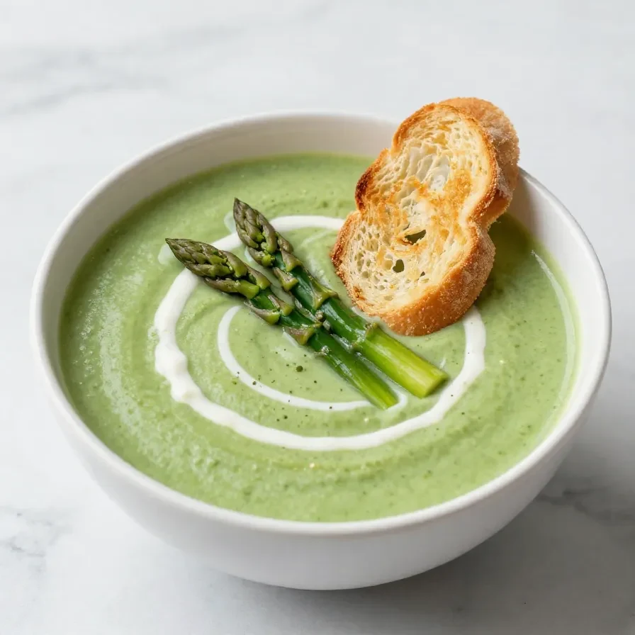 A bowl of creamy asparagus soup garnished with fresh herbs and served on a wooden table.