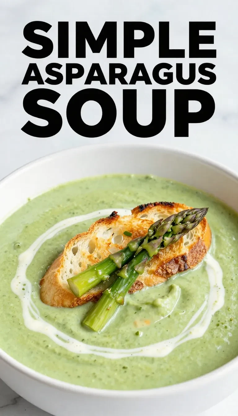 A bowl of creamy asparagus soup garnished with fresh herbs and served on a wooden table.