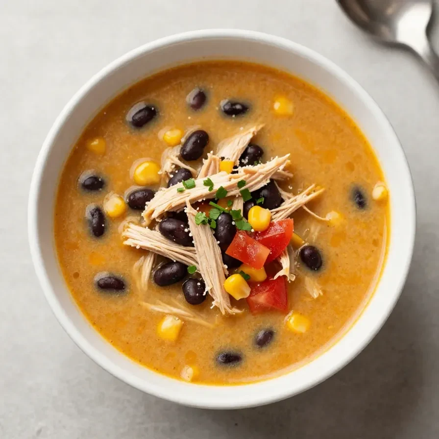 Bowl of easy chicken enchilada soup garnished with fresh cilantro and tortilla strips.