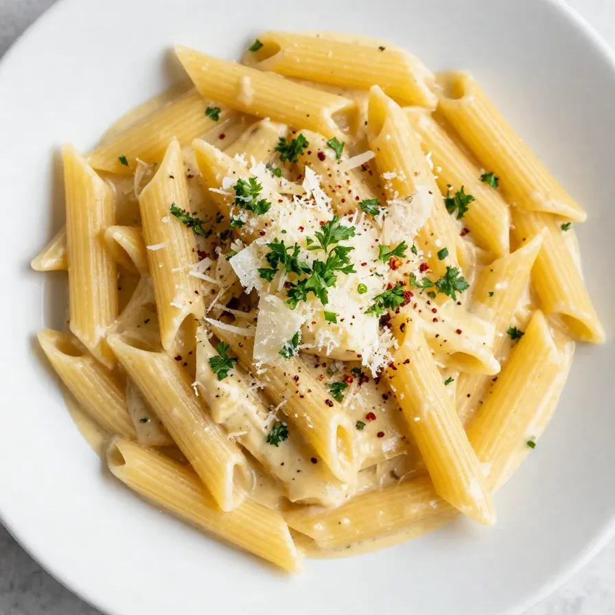 A creamy garlic pasta served in a white bowl with fresh parsley garnish.