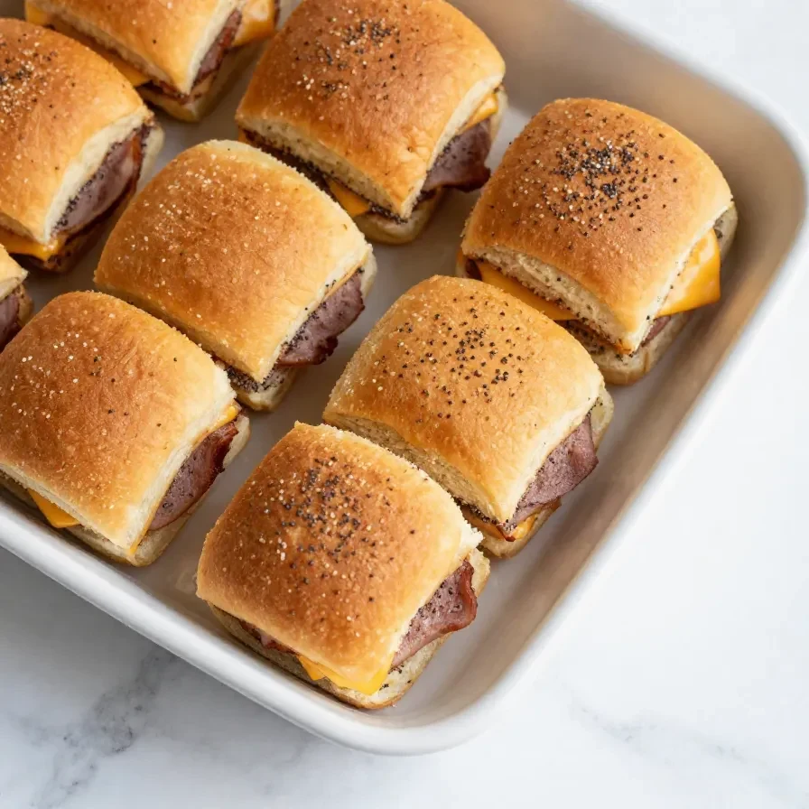 A close-up of freshly baked ham and cheese sliders on a wooden serving tray.