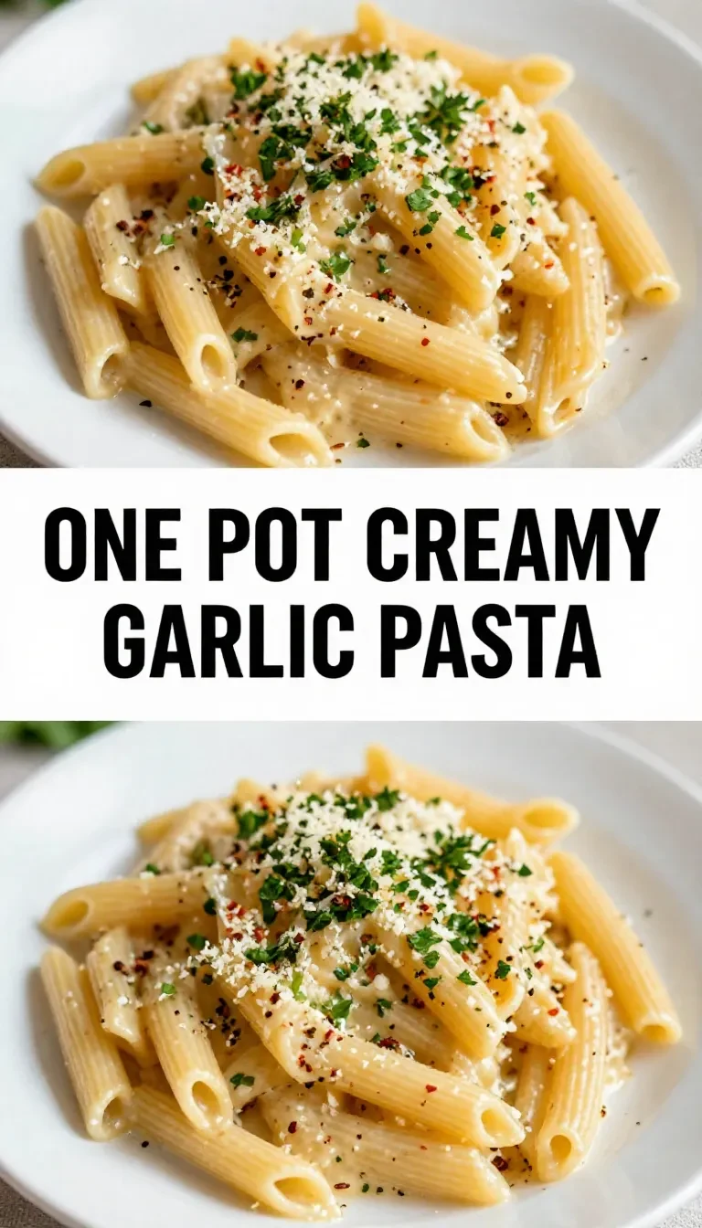 A creamy garlic pasta served in a white bowl with fresh parsley garnish.