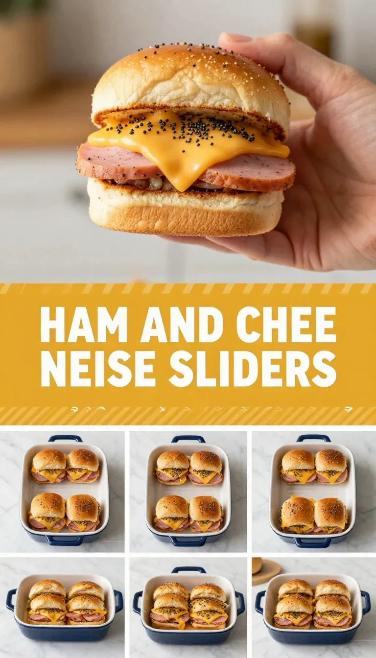 A close-up of freshly baked ham and cheese sliders on a wooden serving tray.