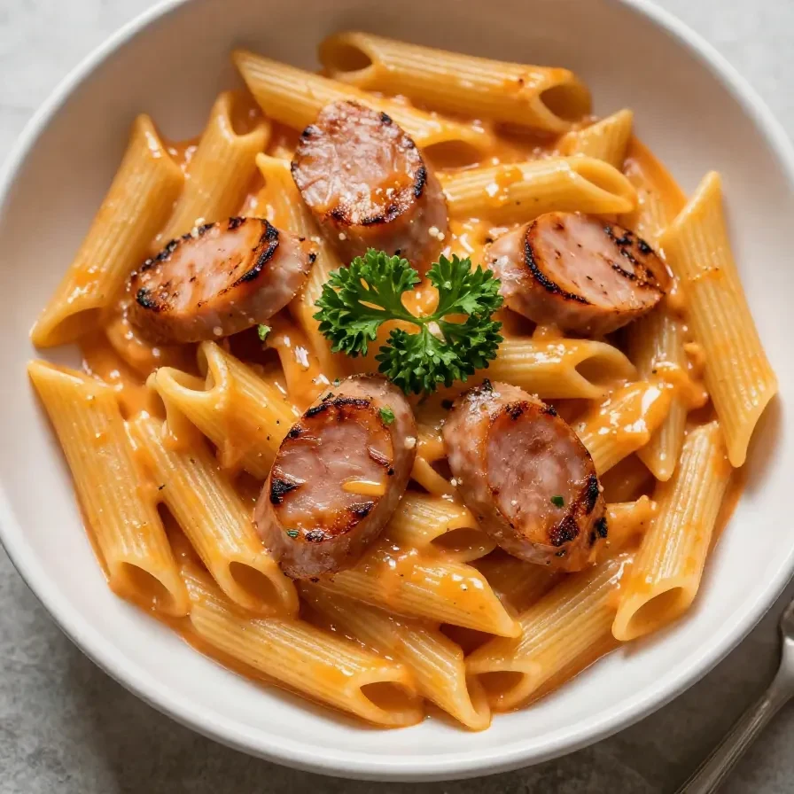 A bowl of creamy spicy Cajun sausage pasta topped with fresh parsley.