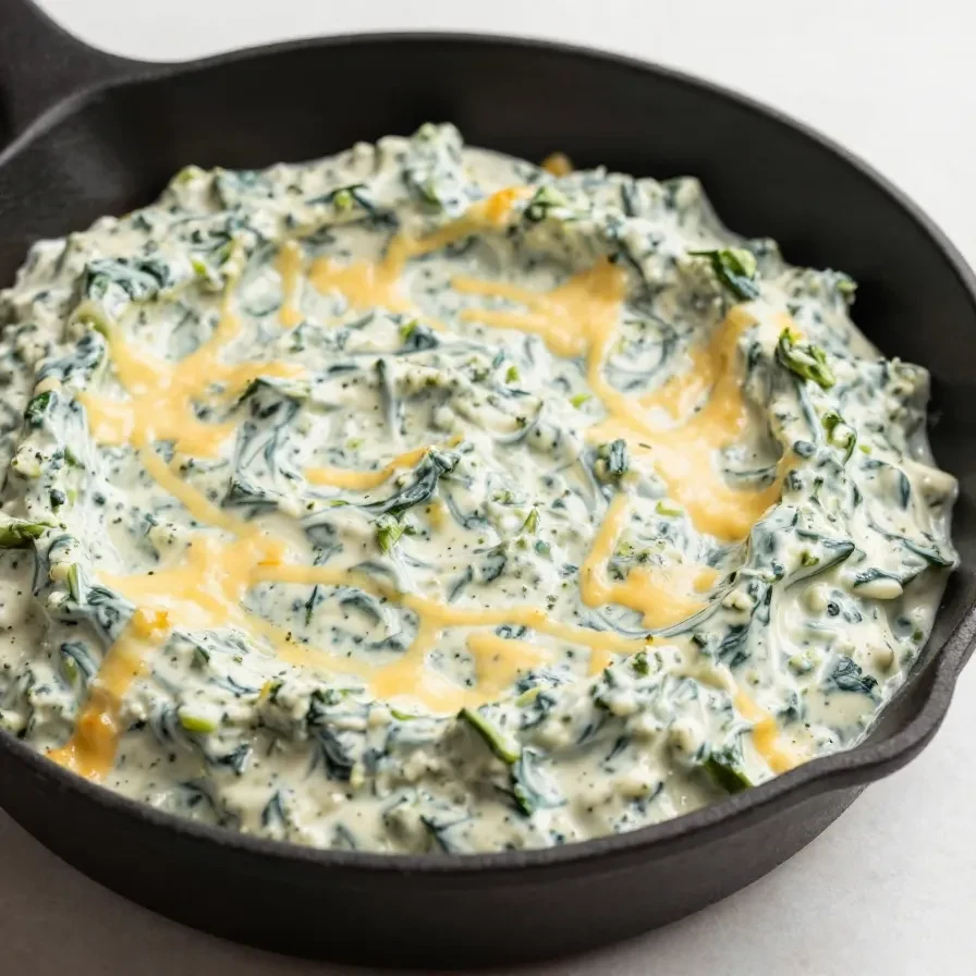Close-up of a creamy spinach artichoke dip served in a white bowl, surrounded by crackers and sliced bread.