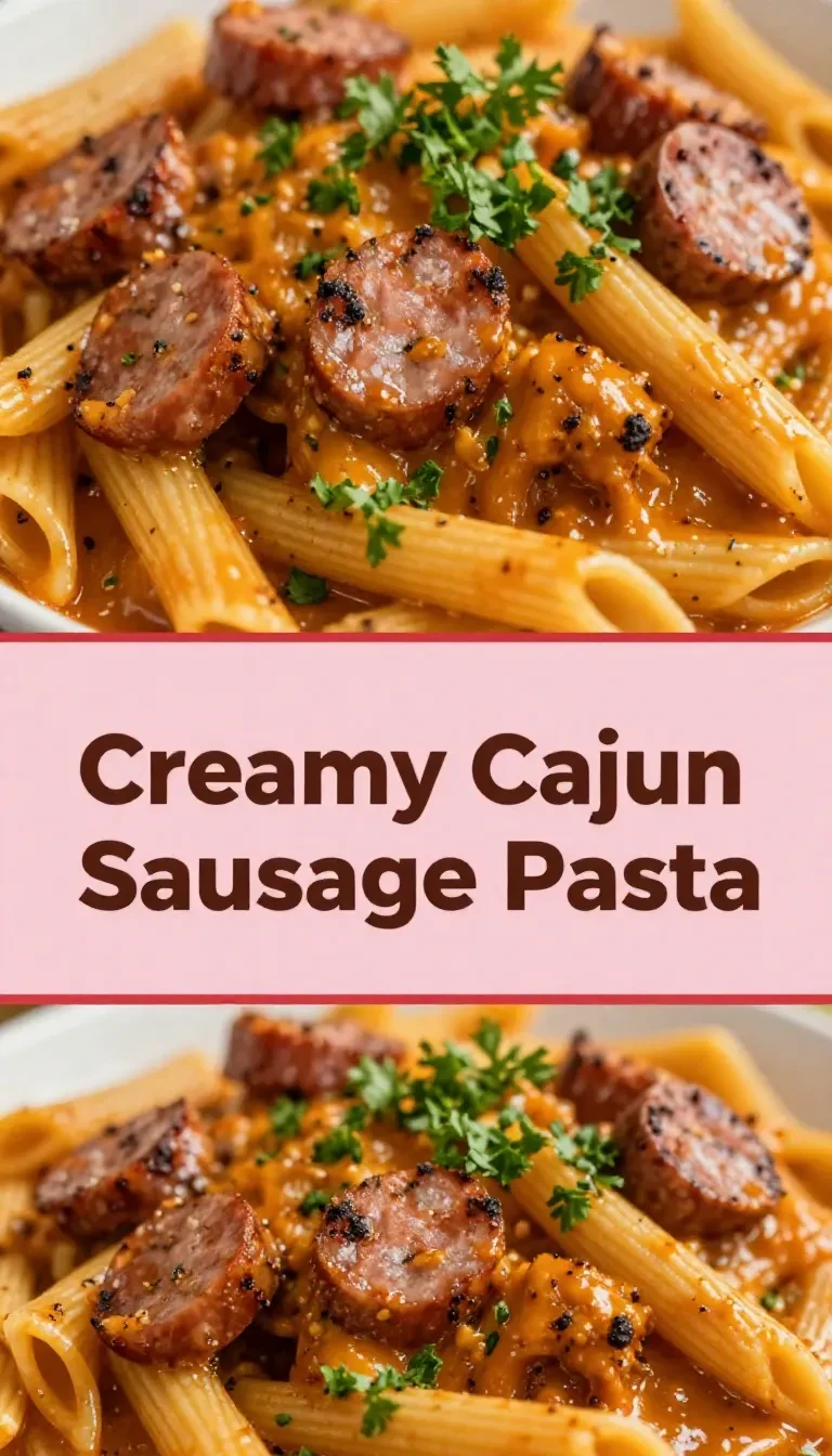A bowl of creamy spicy Cajun sausage pasta topped with fresh parsley.