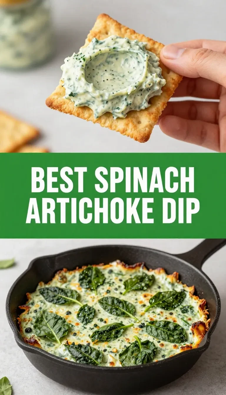 Close-up of a creamy spinach artichoke dip served in a white bowl, surrounded by crackers and sliced bread.