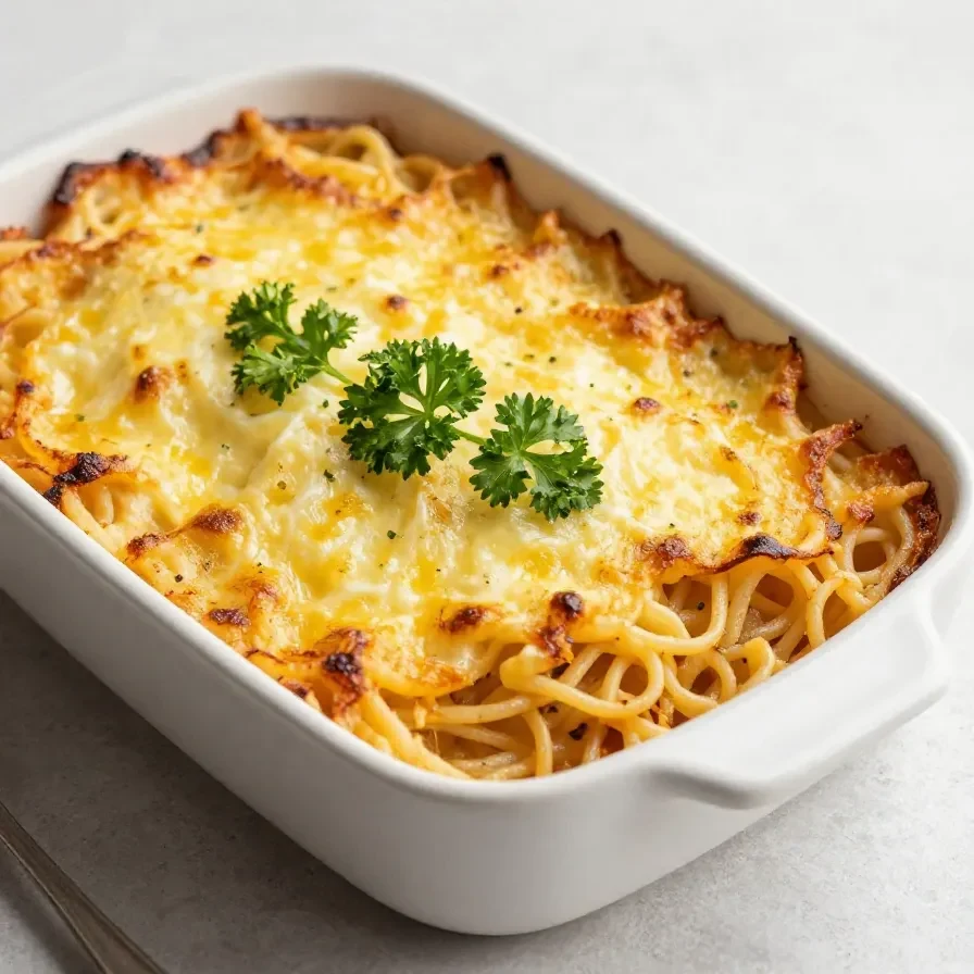 A freshly baked casserole dish of Million Dollar Spaghetti topped with melted cheese and garnished with parsley.