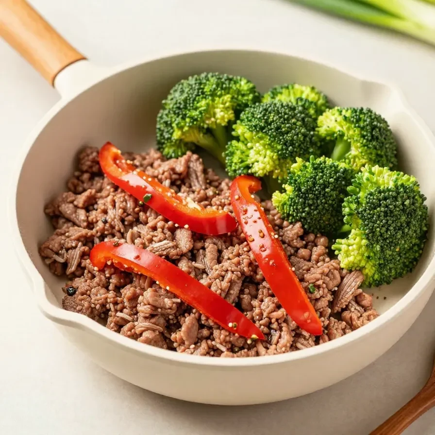 A plate of ground beef and broccoli stir-fry served on a white dish.
