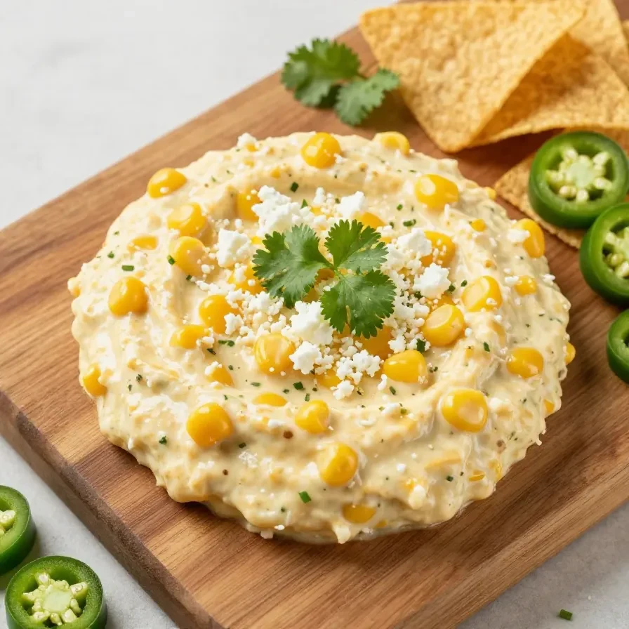 A bowl of creamy crack corn dip garnished with fresh herbs on a wooden table.