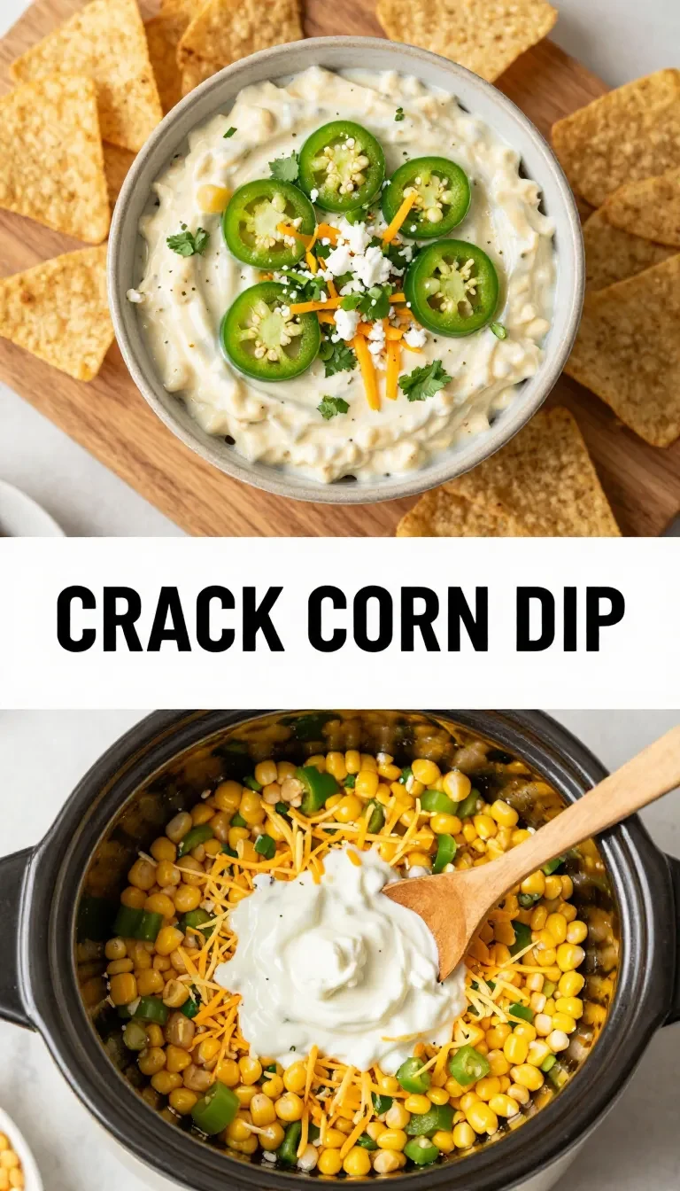 A bowl of creamy crack corn dip garnished with fresh herbs on a wooden table.