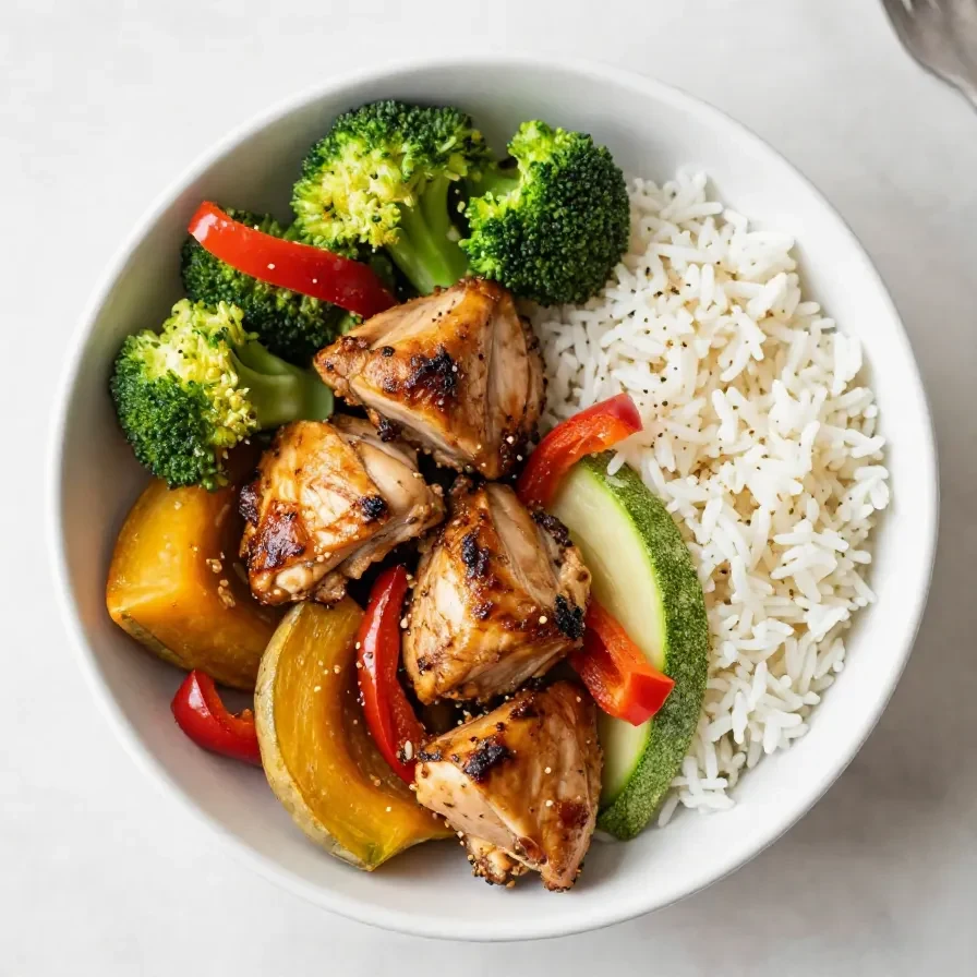 A sheet pan filled with roasted chicken thighs and colorful vegetables like carrots, zucchini, and bell peppers.