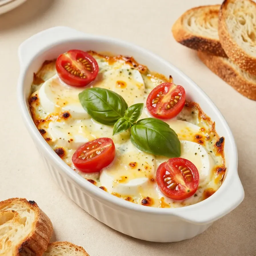 A close-up of a baked Caprese dip topped with melted mozzarella, fresh basil, and cherry tomatoes in a white dish.