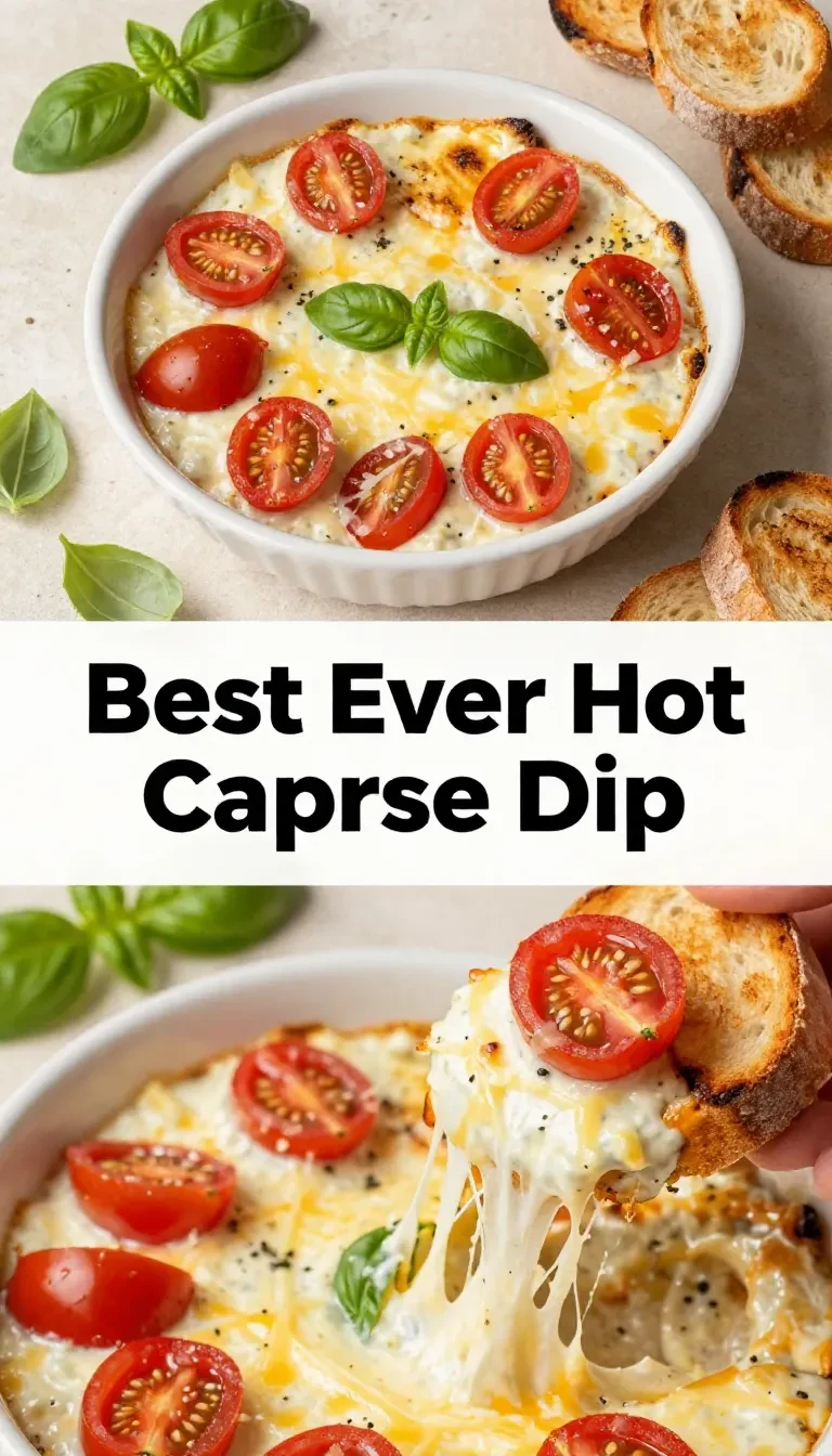 A close-up of a baked Caprese dip topped with melted mozzarella, fresh basil, and cherry tomatoes in a white dish.