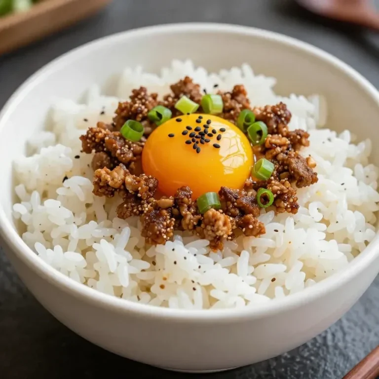 A bowl of Korean ground beef served over steamed white rice with green onions and sesame seeds on top.