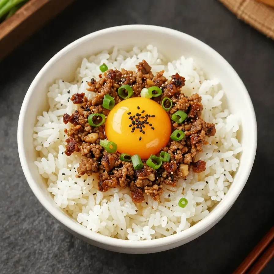 A bowl of Korean ground beef served over steamed white rice with green onions and sesame seeds on top.