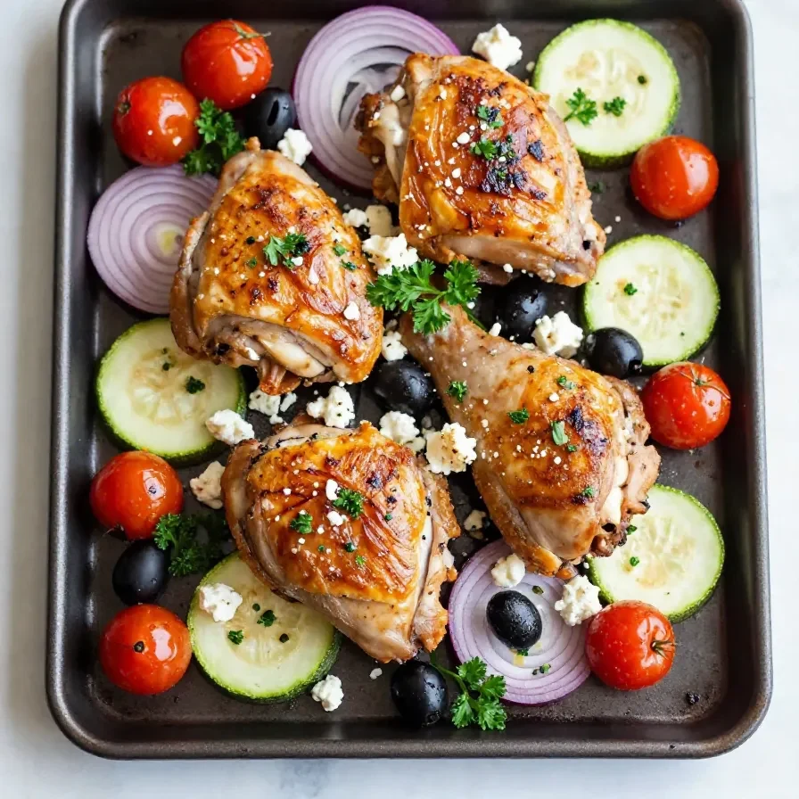 A sheet pan filled with Greek-style roasted chicken, potatoes, and vegetables garnished with fresh herbs.