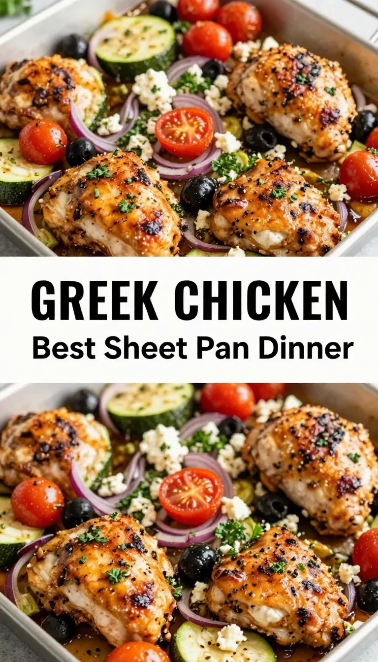A sheet pan filled with Greek-style roasted chicken, potatoes, and vegetables garnished with fresh herbs.