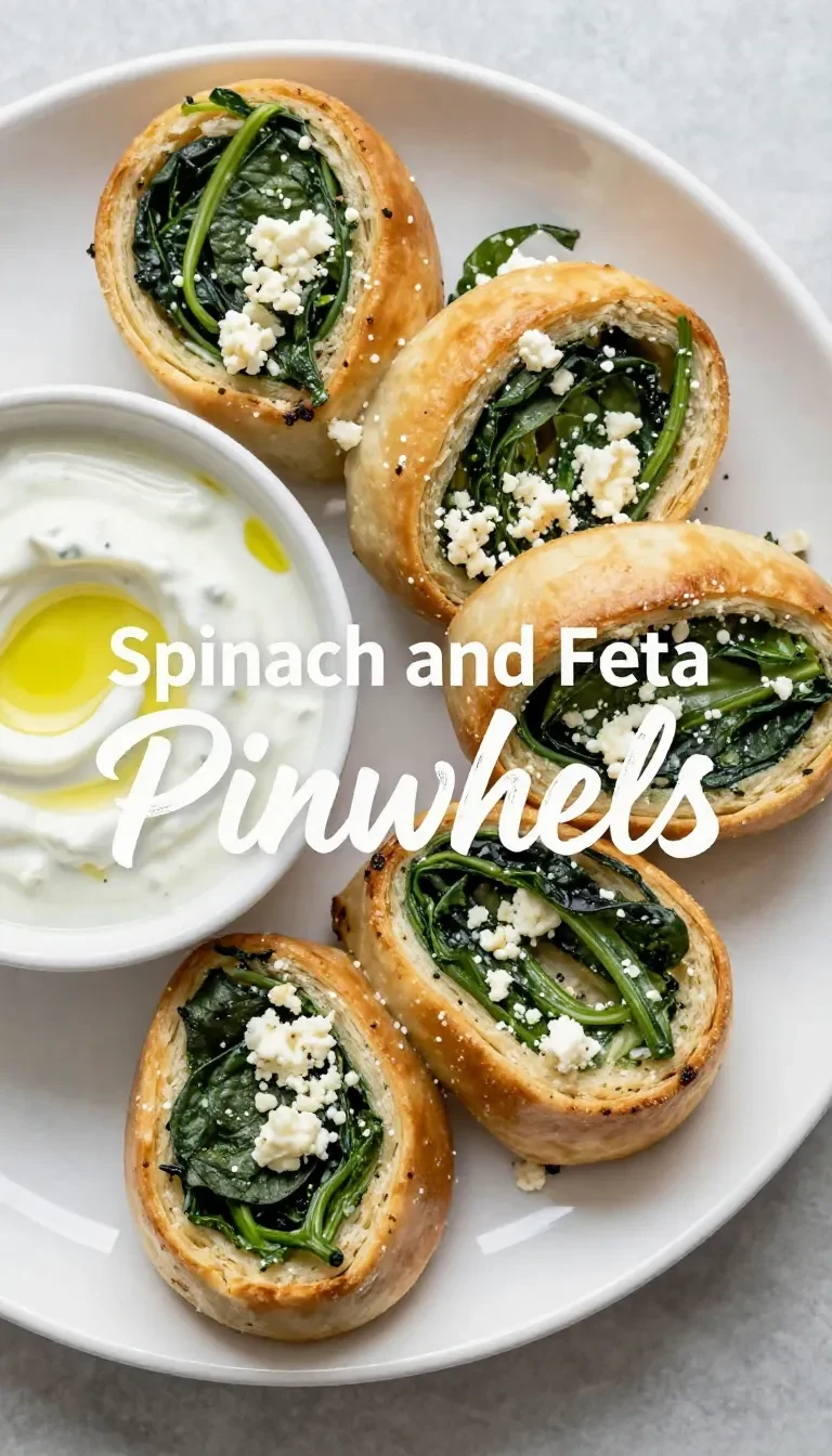 Freshly baked spinach and feta pinwheels on a wooden serving board.