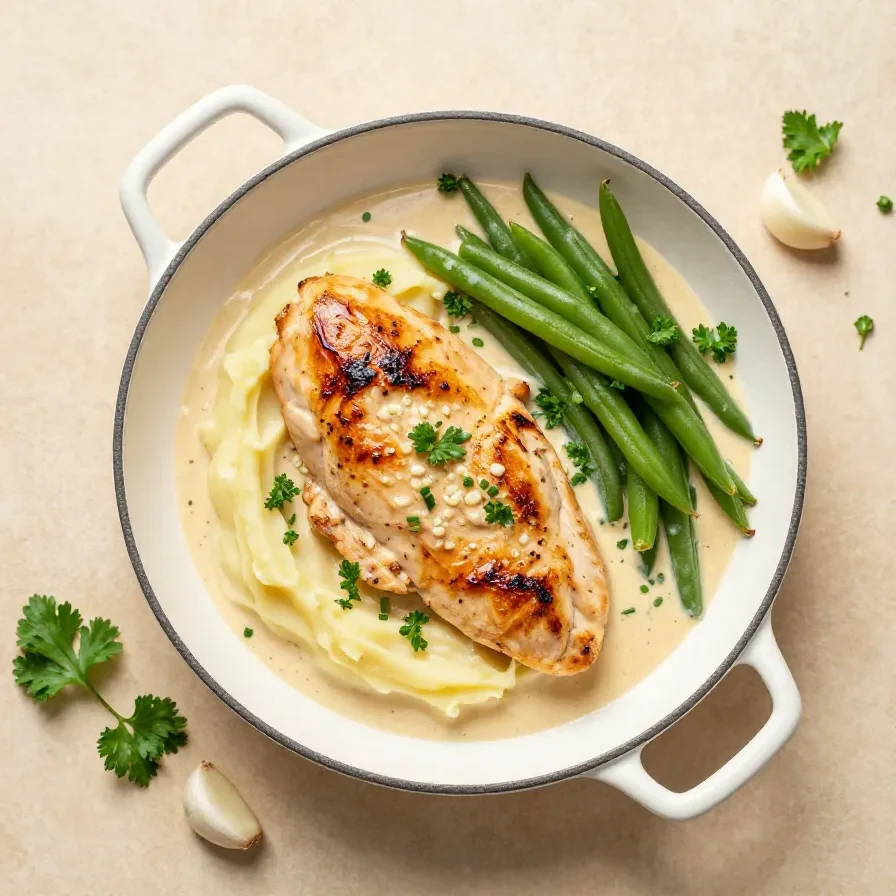Creamy garlic chicken served with rich gravy and mashed potatoes on a white plate
