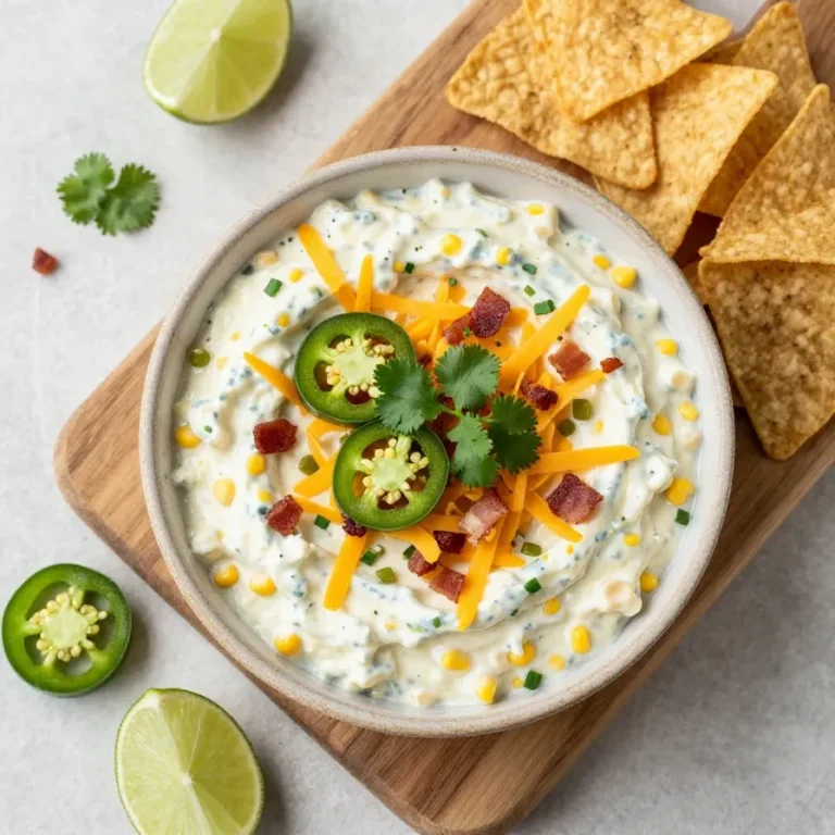 Creamy crack corn dip served in a bowl with corn, cheese, bacon, and green onions, surrounded by tortilla chips