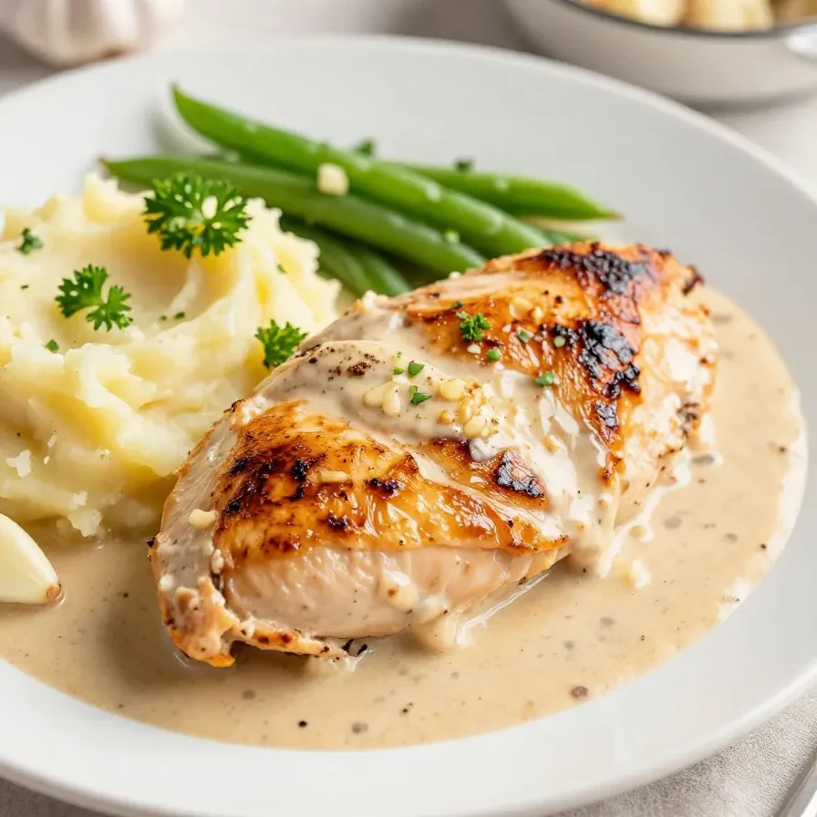 Creamy garlic chicken served with rich gravy and mashed potatoes on a white plate
