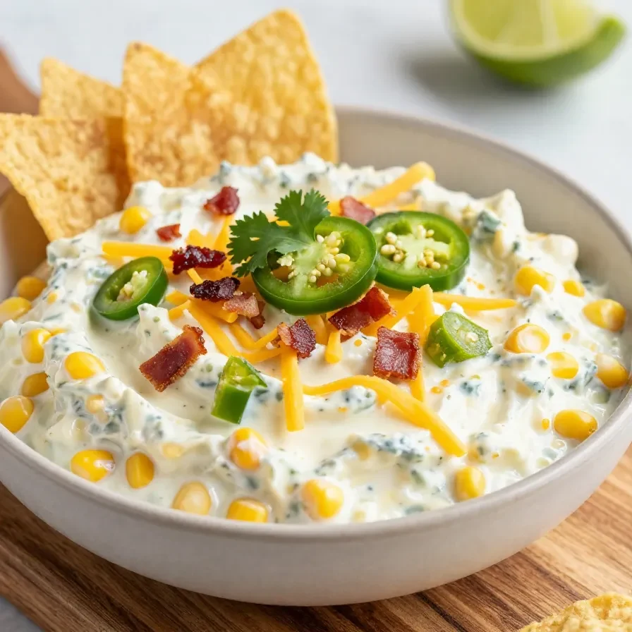Creamy crack corn dip served in a bowl with corn, cheese, bacon, and green onions, surrounded by tortilla chips