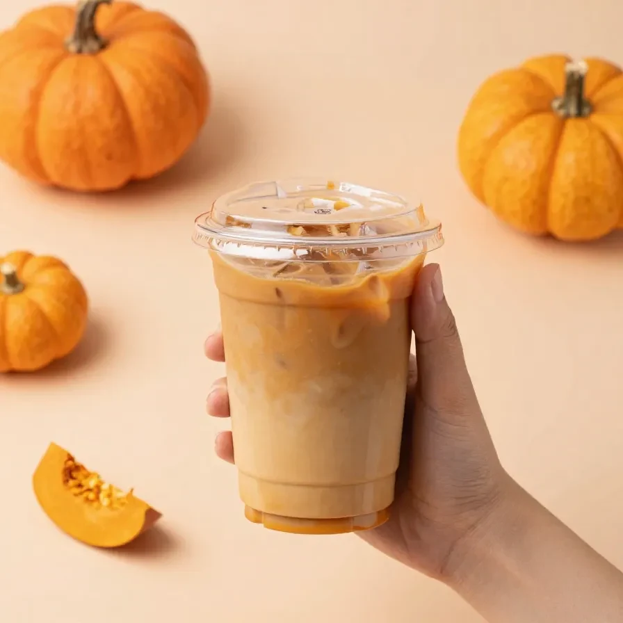 A creamy pumpkin chai latte in a clear mug topped with whipped cream and cinnamon on a wooden table.
