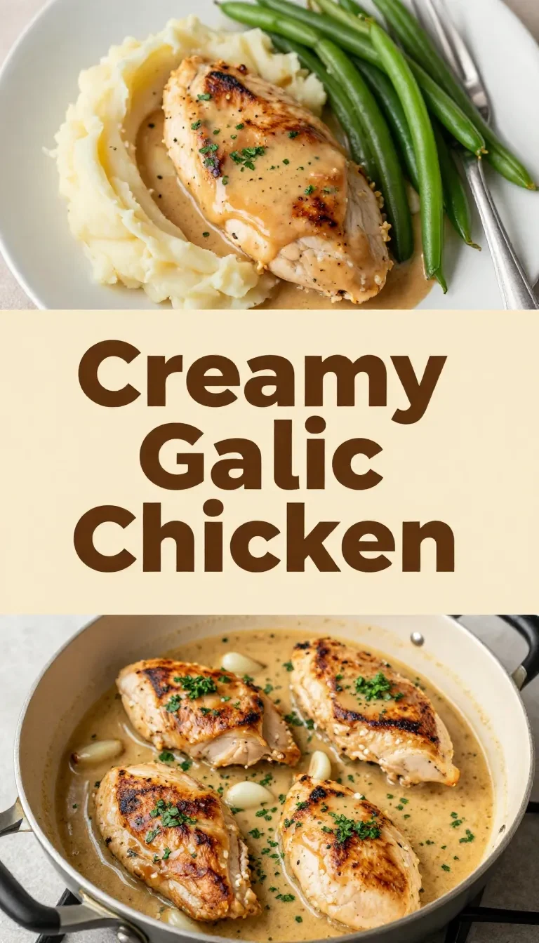 Creamy garlic chicken served with rich gravy and mashed potatoes on a white plate